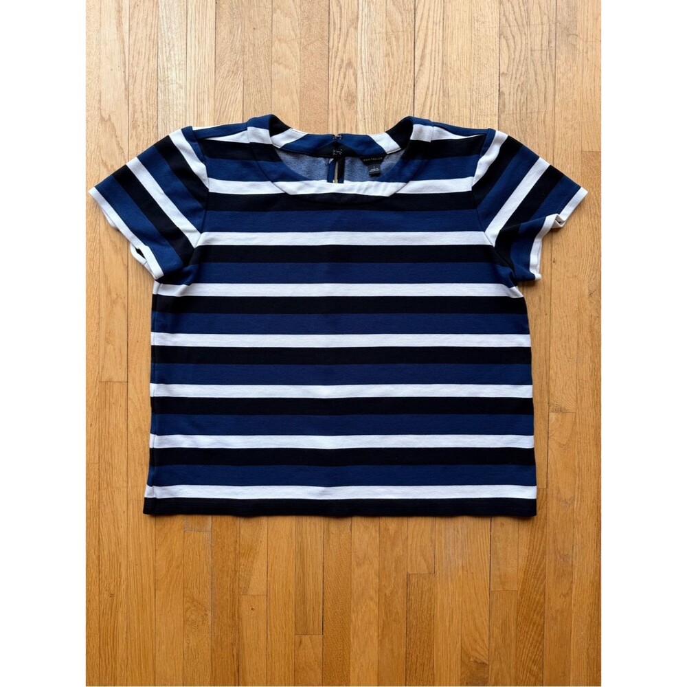 Ann Taylor Navy & White Striped Short Sleeve Tee Size L Nautical Style